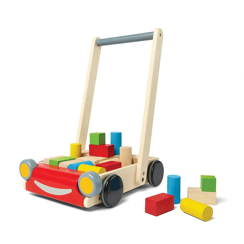 PlanToys Baby Walker wooden toy ของเล่นไม้แปลนทอยส์ รถเข็นบล็อคไม้ ประเภทผลักและลากจูง สำหรับอายุ 6 เดือนขึ้นไป
