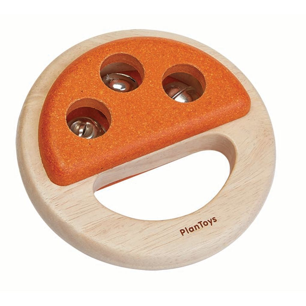 PlanToys orange Percussion - Bell wooden toy ของเล่นไม้แปลนทอยส์ กระดิ่งเพอร์คัชชัน ประเภทดนตรี สำหรับอายุ 18 เดือนขึ้นไป