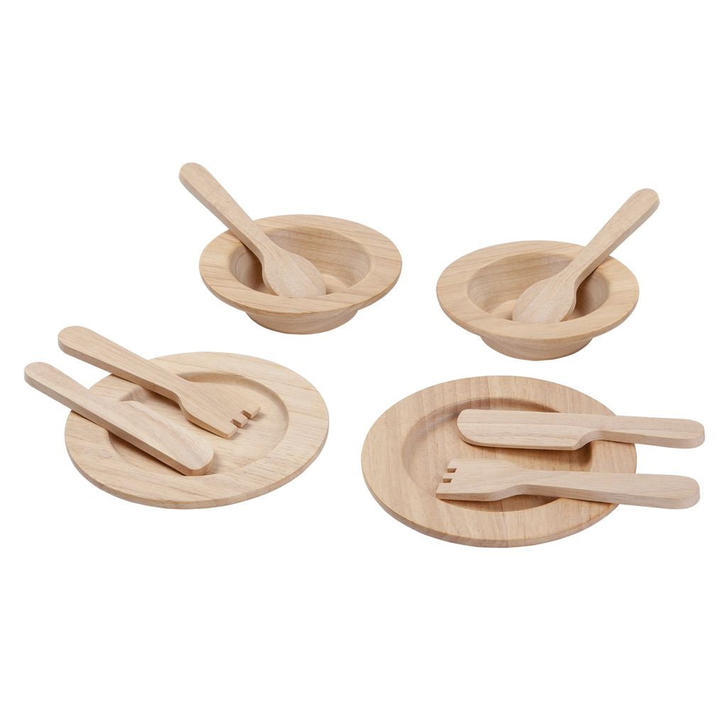 PlanToys natural Tableware Set wooden toy ของเล่นไม้แปลนทอยส์ ชุดจานชามคุณหนู ประเภทชุดครัว สำหรับอายุ 3 ปีขึ้นไป