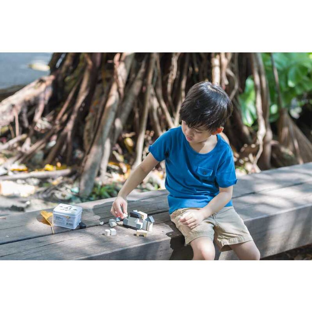 Kid playing PlanToys Construction Set เด็กกำลังเล่นบล็อกไม้มินิแปลนทอยส์