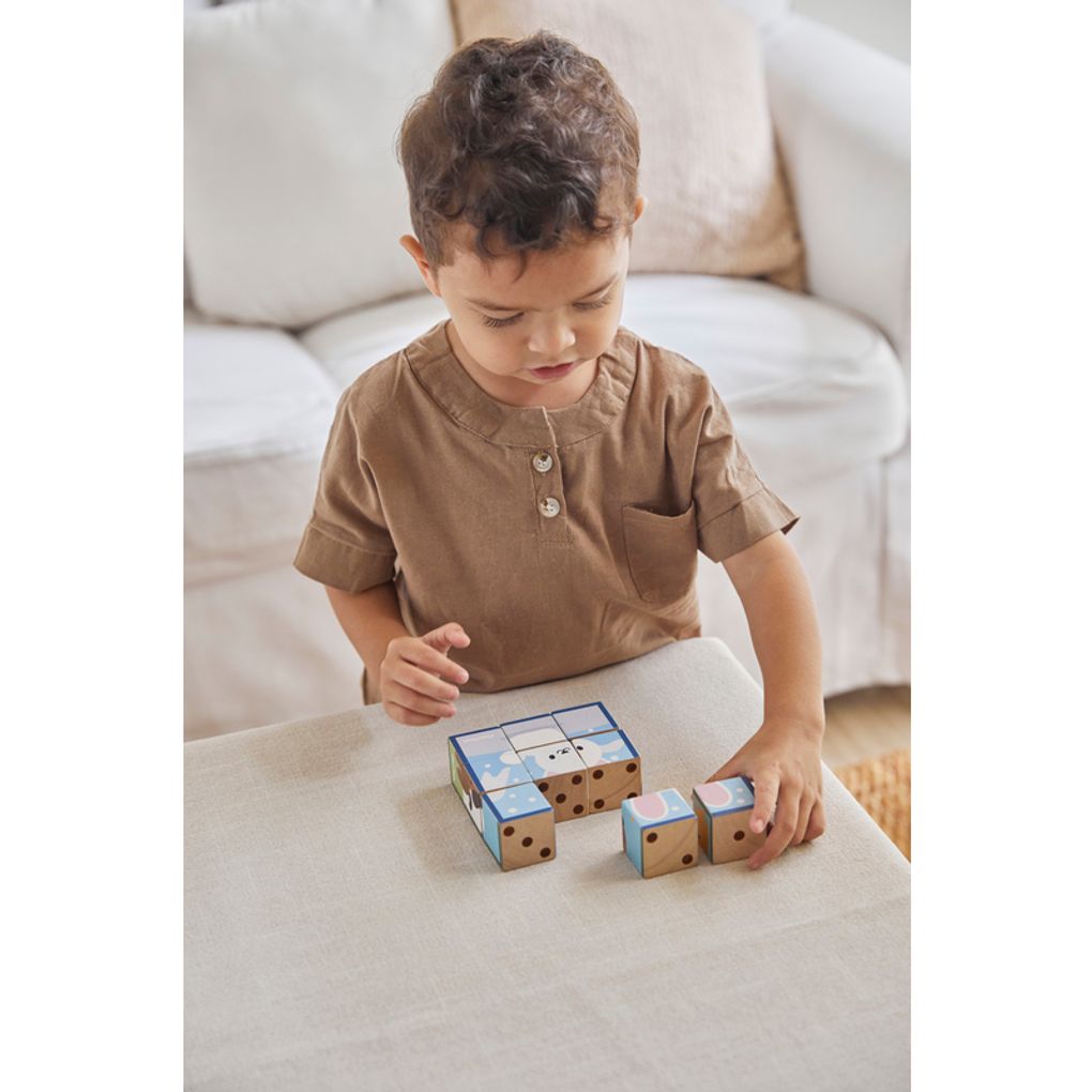 Kid playing PlanToys Animal Puzzle Cubes เด็กกำลังเล่นจิ๊กซอว์รูปสัตว์แปลนทอยส์