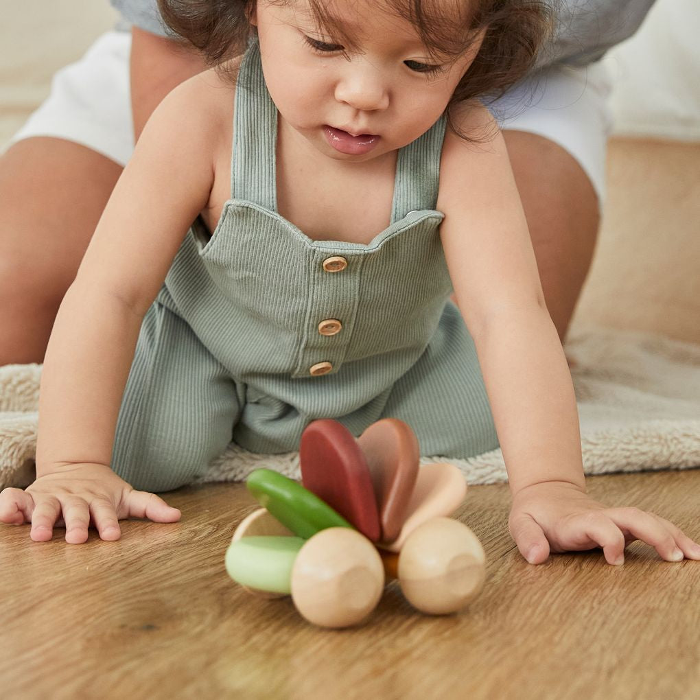 Kid playing PlanToys Baby Car - Modern Rustic เด็กกำลังเล่นรถหลากสีแปลนทอยส์