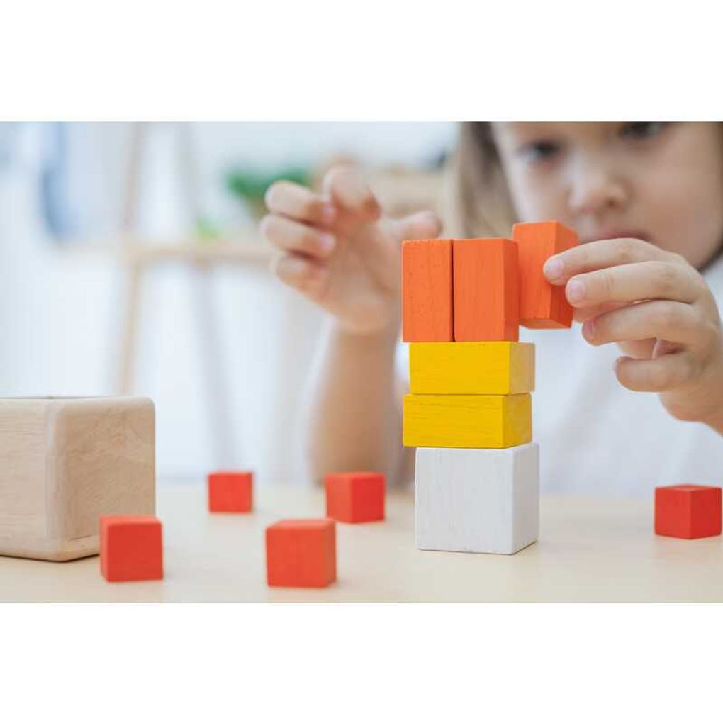 Kid playing PlanToys Fraction Cubes เด็กกำลังเล่นชุดกล่องเรียนรู้เศษส่วนแปลนทอยส์