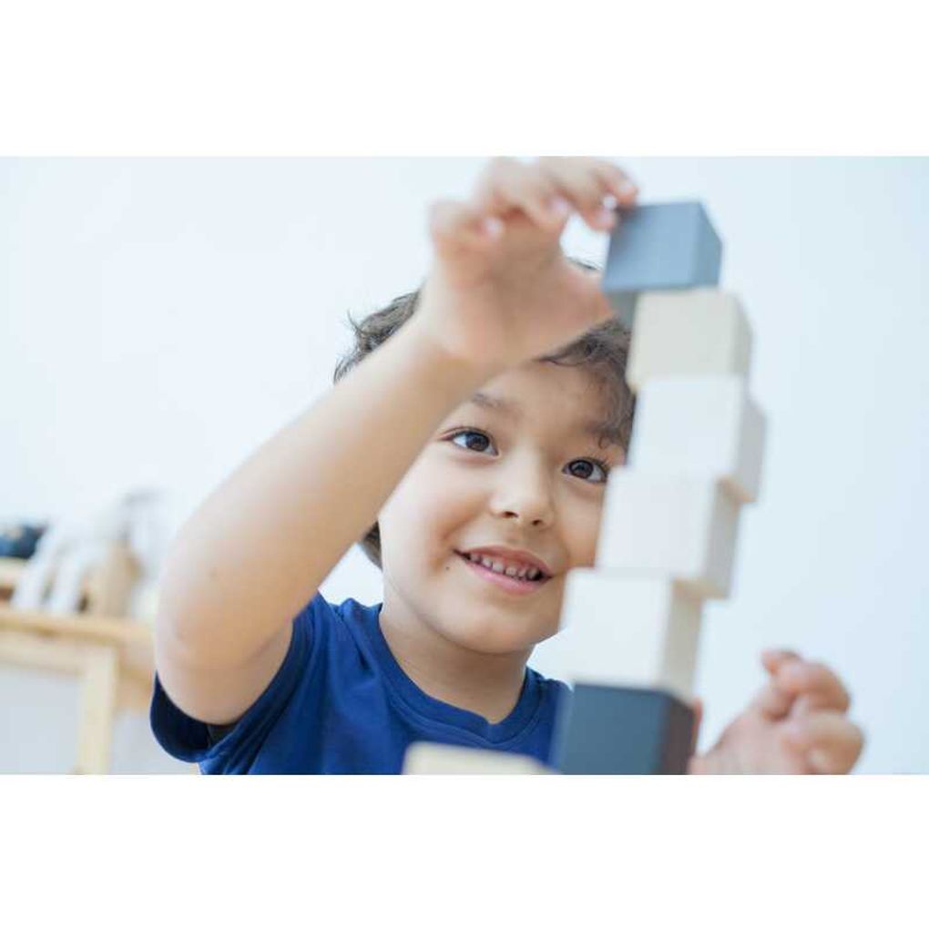 Kid playing PlanToys Cubes เด็กกำลังเล่นบล็อกไม้สอนนับแปลนทอยส์