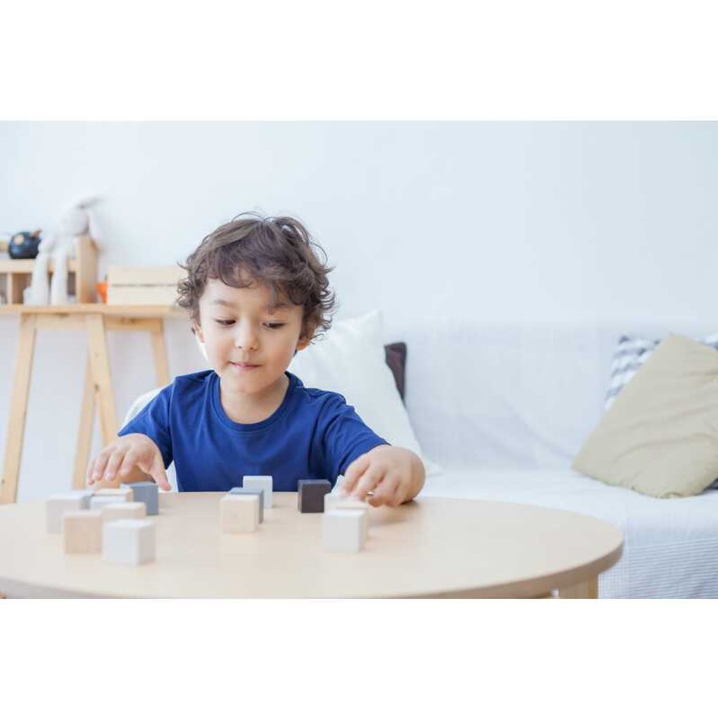 Kid playing PlanToys Cubes เด็กกำลังเล่นบล็อกไม้สอนนับแปลนทอยส์