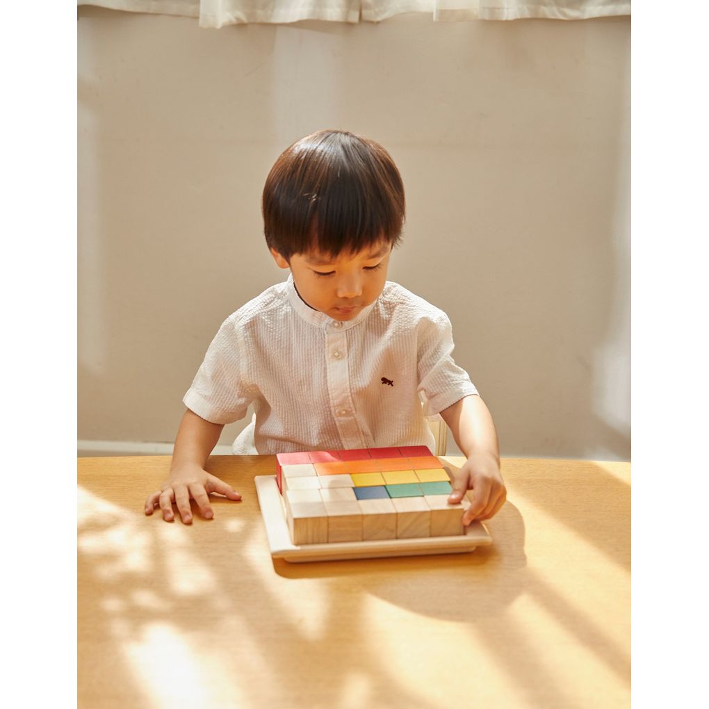 Kid playing PlanToys Colored Counting Blocks - Unit Plus เด็กกำลังเล่นบล็อกสีสอนนับ-ยูนิตพลัสแปลนทอยส์