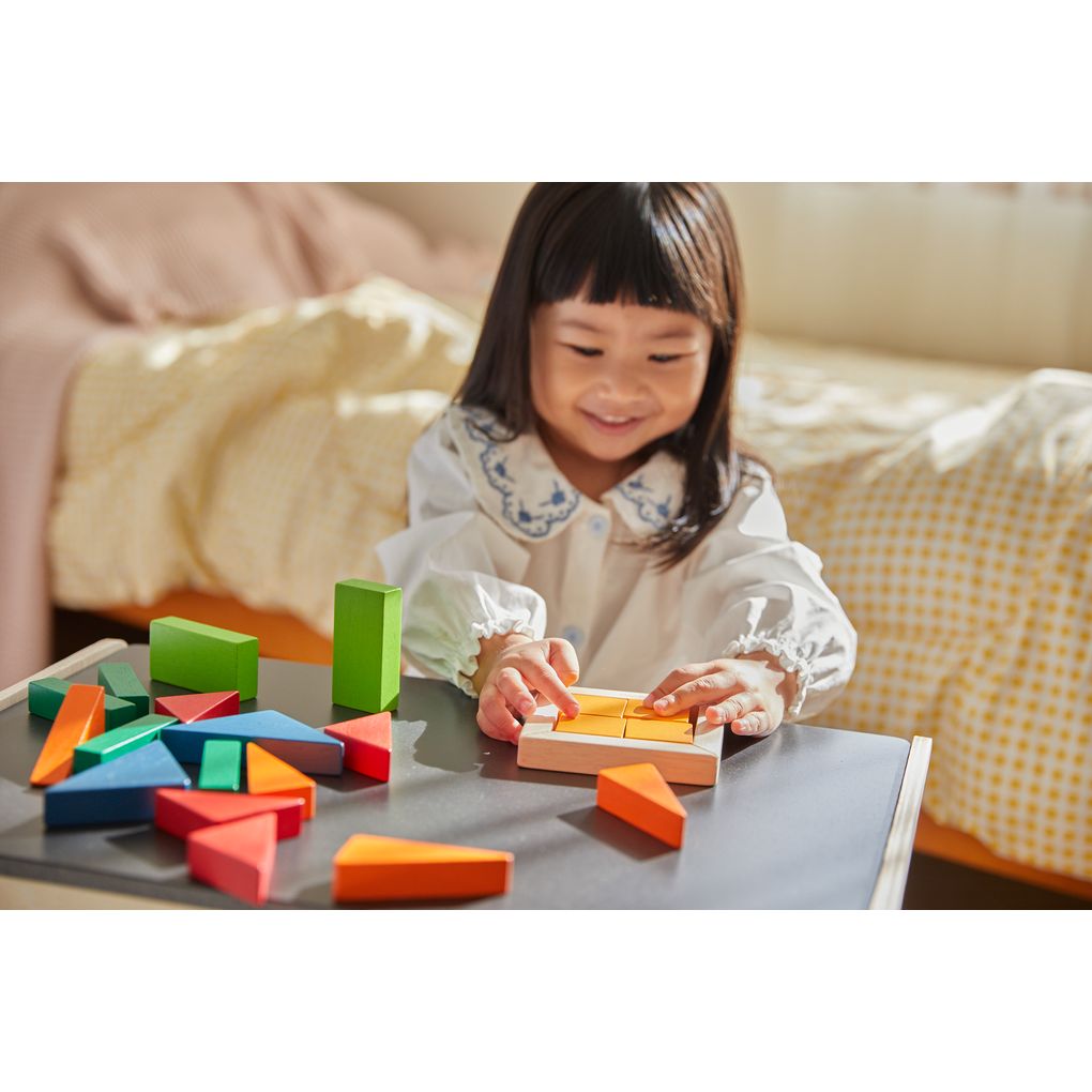 Kid playing PlanToys Fraction Blocks - Unit Plus เด็กกำลังเล่นชุดบล็อกเศษส่วน-ยูนิตพลัสแปลนทอยส์