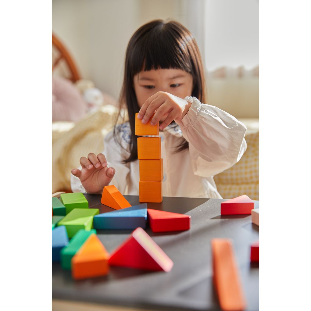 Kid playing PlanToys Fraction Blocks - Unit Plus เด็กกำลังเล่นชุดบล็อกเศษส่วน-ยูนิตพลัสแปลนทอยส์