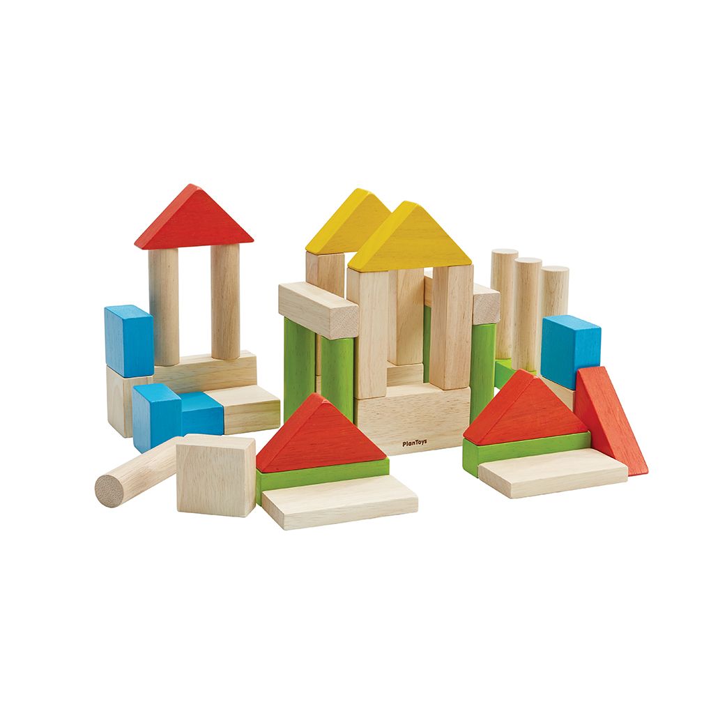 PlanToys Colorful 40 Unit Blocks wooden toy ของเล่นไม้แปลนทอยส์ บล็อกหลากสี 40 ชิ้น ประเภทบล็อกและการต่อโครงสร้าง สำหรับอายุ 18 เดือนขึ้นไป