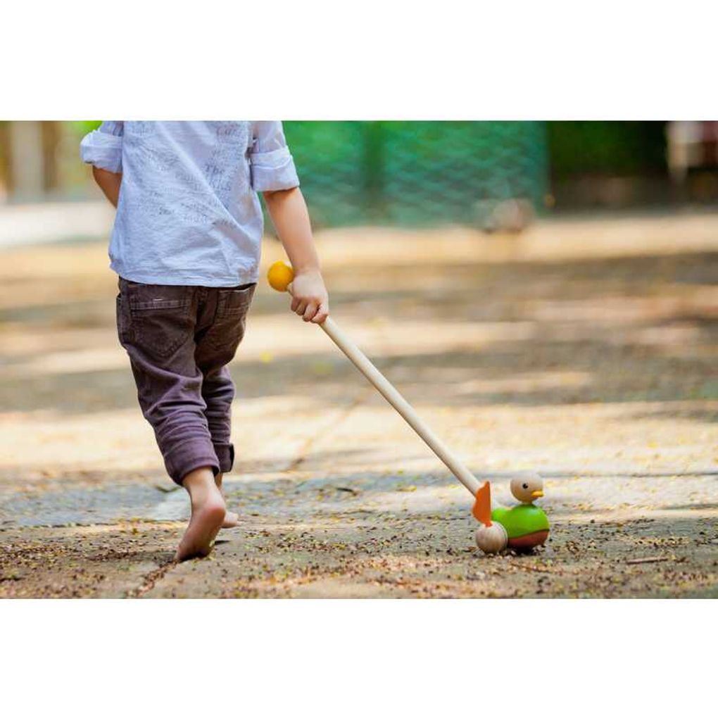 Kid playing PlanToys Push Along Duck เด็กกำลังเล่นเป็ดน้อยเตาะแตะแปลนทอยส์