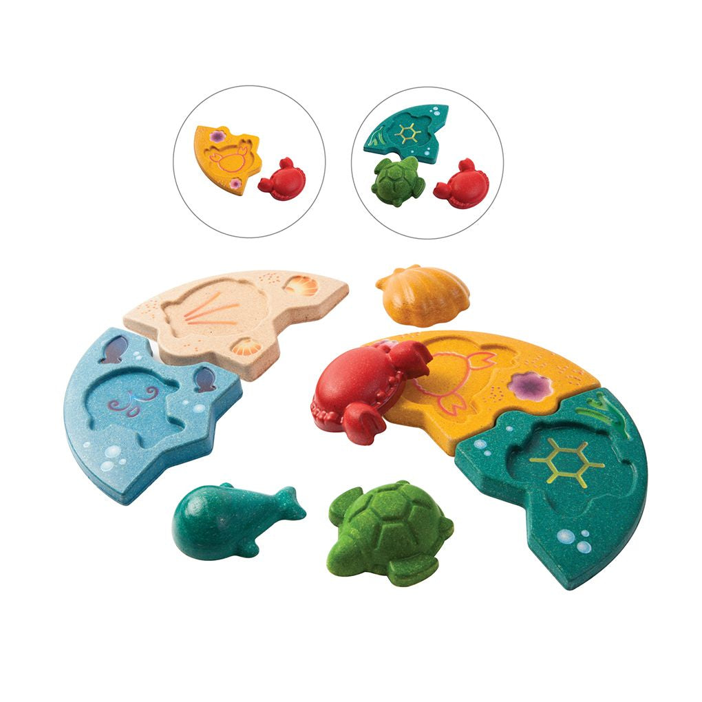 PlanToys Marine Puzzle wooden toy ของเล่นไม้แปลนทอยส์ จับคู่สัตว์น้ำ ประเภทเกมฝึกคิด สำหรับอายุ 12 เดือนขึ้นไป