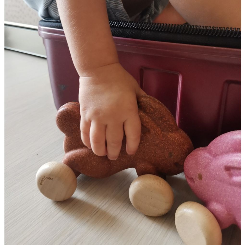 Kid playing PlanToys Push Along Bunny - Brown เด็กกำลังเล่นกระต่ายน้อยลากจูงแปลนทอยส์