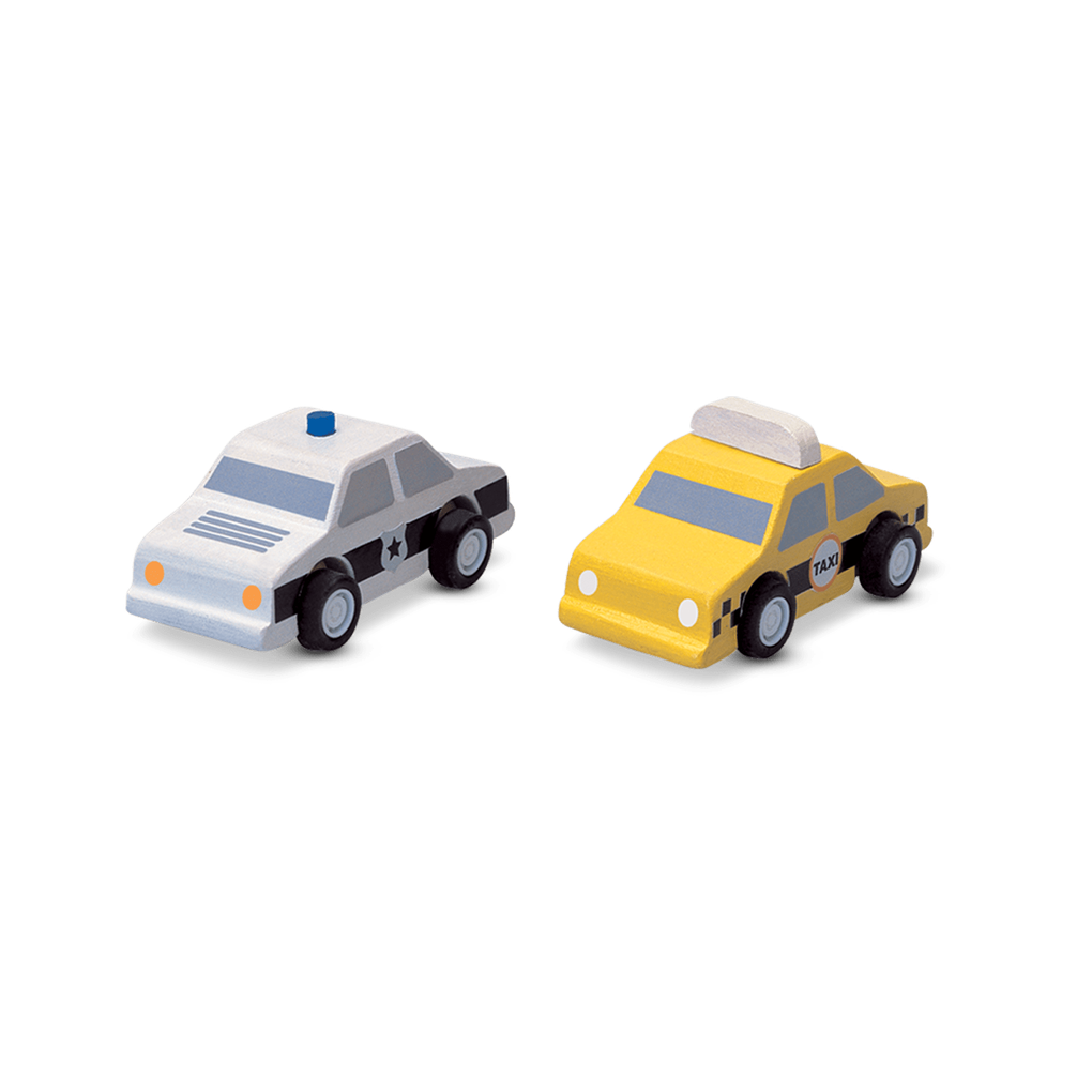 PlanToys City Taxi & Police Car wooden toy ของเล่นไม้แปลนทอยส์ รถแท็กซี่และรถตำรวจ ประเภทบทบาทสมมุติ สำหรับอายุ 3 ปีขึ้นไป