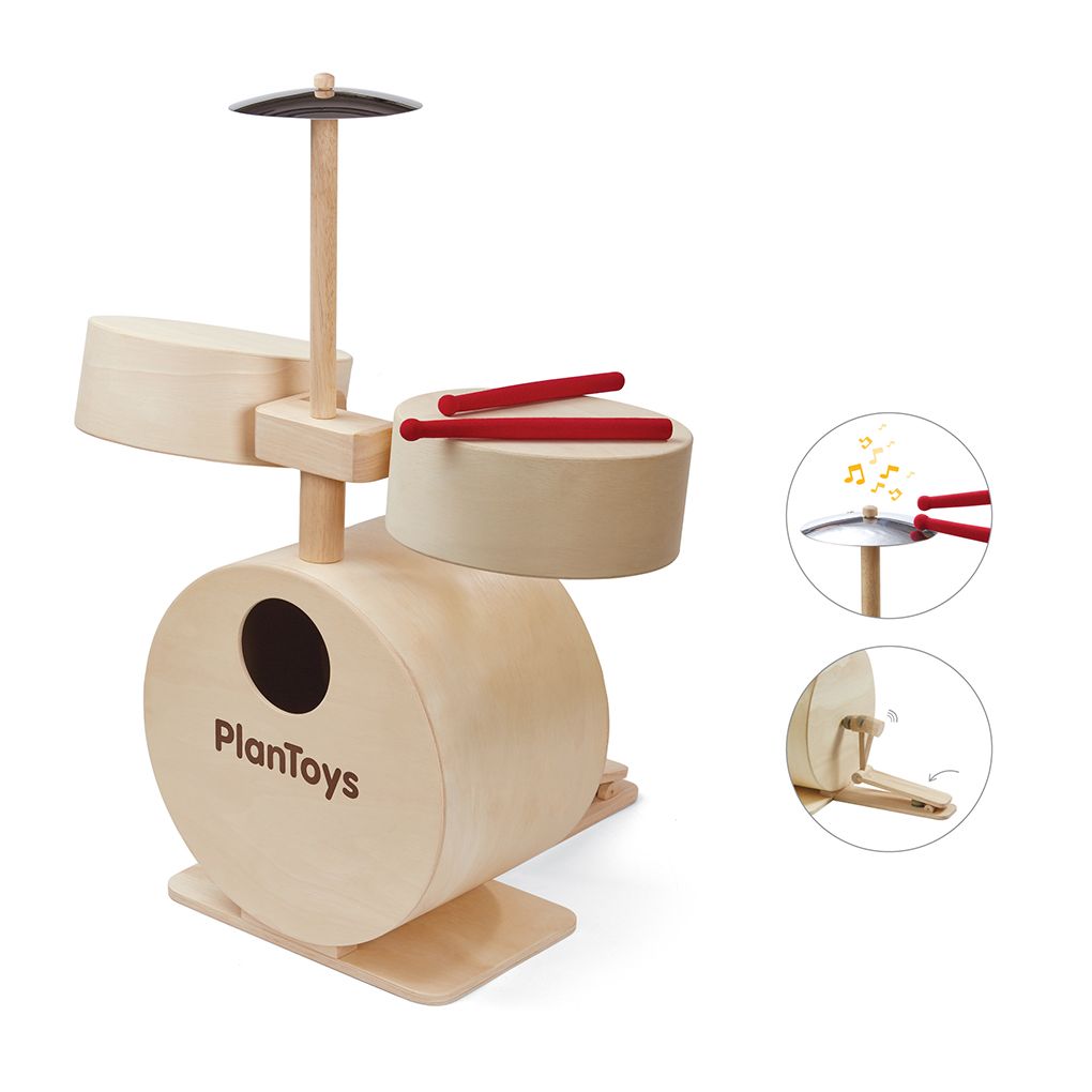 PlanToys natural Drum Set wooden toy ของเล่นไม้แปลนทอยส์ ชุดกลอง ประเภทดนตรี สำหรับอายุ 3 ปีขึ้นไป