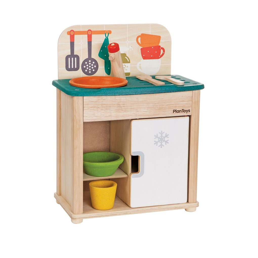 PlanToys Sink & Fridge wooden toy ของเล่นไม้แปลนทอยส์ อ่างล้างจานและตู้เย็น ประเภทชุดครัว สำหรับอายุ 2 ปีขึ้นไป