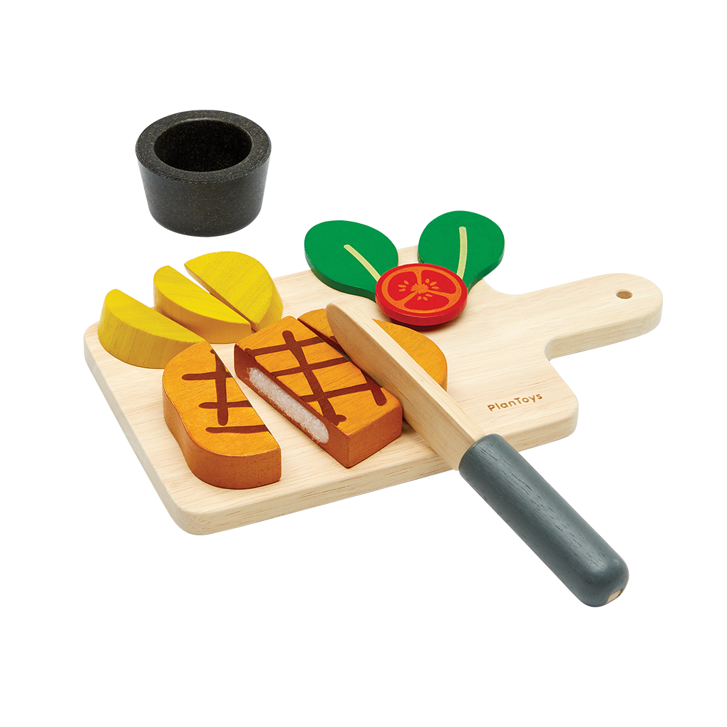 PlanToys Steak Set wooden toy ของเล่นไม้แปลนทอยส์ ชุดสเต็ก ประเภทชุดครัว สำหรับอายุ 2 ปีขึ้นไป