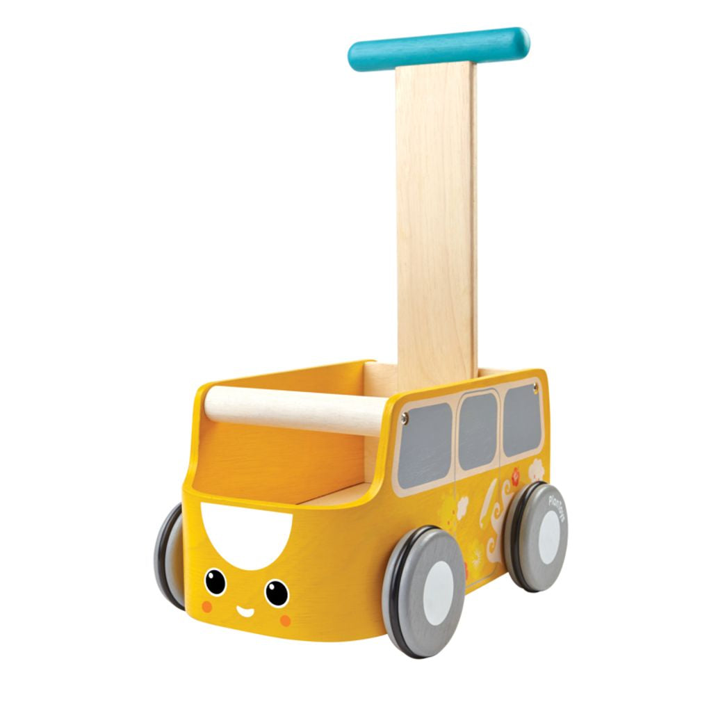 PlanToys yellow Van Walker wooden toy ของเล่นไม้แปลนทอยส์ แวน วอคเกอร์ ประเภทผลักและลากจูง สำหรับอายุ 6 เดือนขึ้นไป