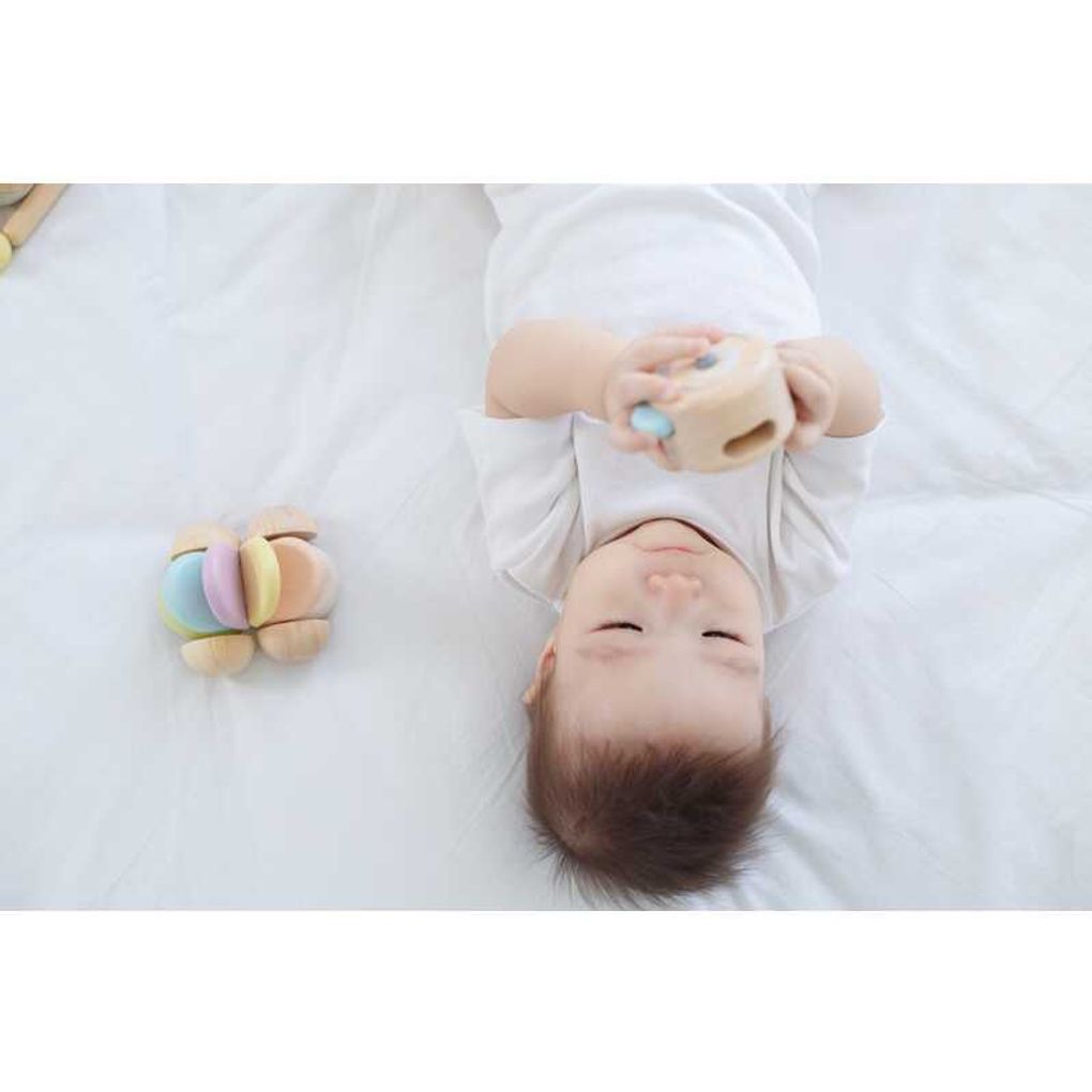 Kid playing PlanToys Peek-A-Boo Roller เด็กทารกกำลังเล่นลูกกลิ้งสลับสีแปลนทอยส์