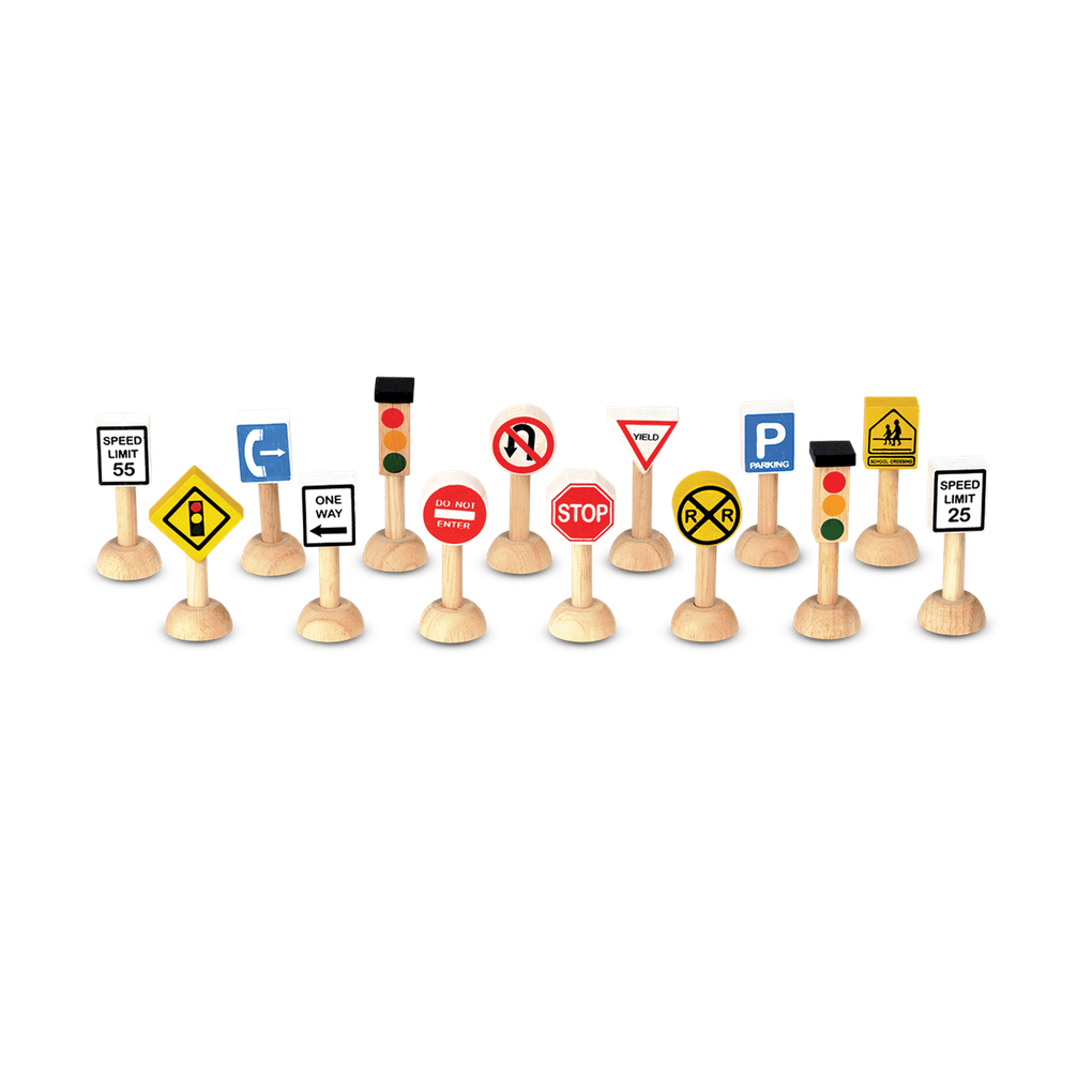 PlanToys Set Of Traffic Signs & Lights wooden toy ของเล่นไม้แปลนทอยส์ ชุดสัญญาณไฟและเครื่องหมายจราจร ประเภทบทบาทสมมุติ สำหรับอายุ 3 ปีขึ้นไป