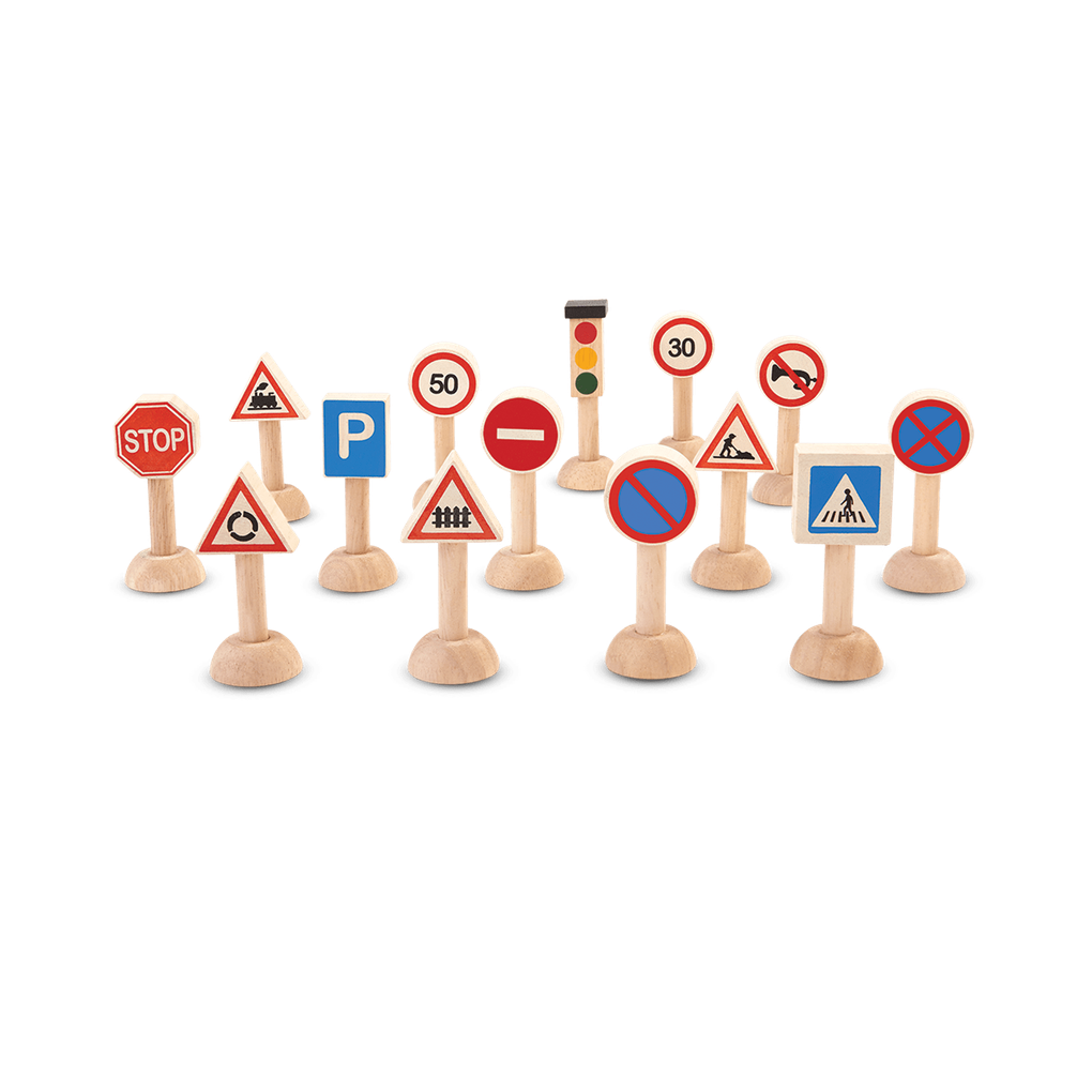 PlanToys Set Of Traffic Signs & Lights wooden toy ของเล่นไม้แปลนทอยส์ ชุดสัญลักษณ์ป้ายจราจร ประเภทบทบาทสมมุติ สำหรับอายุ 3 ปีขึ้นไป