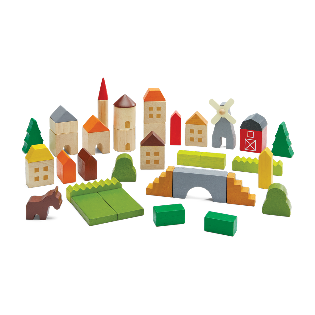 PlanToys Countryside Blocks wooden toy ของเล่นไม้แปลนทอยส์ ชุดบล็อกหมู่บ้านชนบท ประเภทบทบาทสมมุติ สำหรับอายุ 3 ปีขึ้นไป