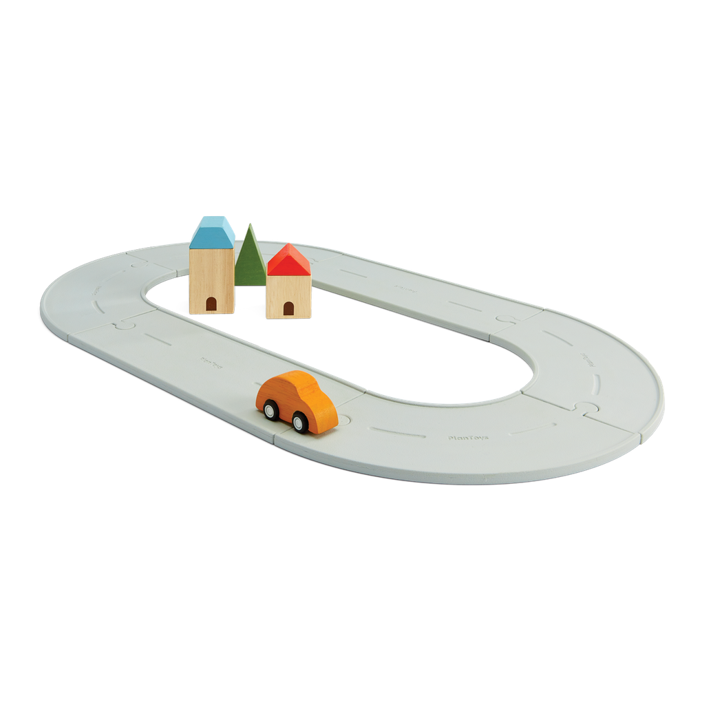 PlanToys Rubber Road & Rail Set - Small wooden toy ของเล่นไม้แปลนทอยส์ ชุดถนนและรางรถไฟยาง-เล็ก ประเภทบทบาทสมมุติ สำหรับอายุ 3 ปีขึ้นไป