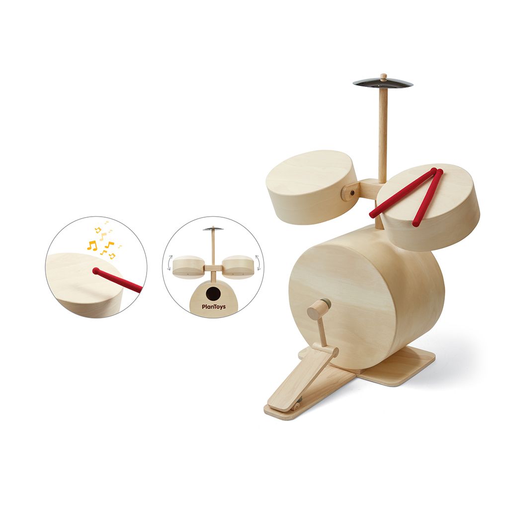 PlanToys natural Drum Set wooden toy ของเล่นไม้แปลนทอยส์ ชุดกลอง ประเภทดนตรี สำหรับอายุ 3 ปีขึ้นไป