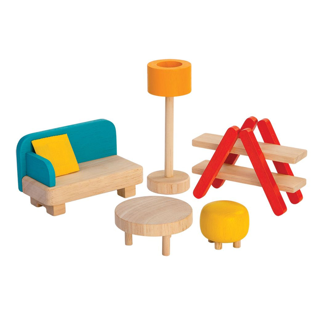 PlanToys Living Room wooden toy ของเล่นไม้แปลนทอยส์ เฟอร์นิเจอร์บ้านตุ๊กตา - ห้องนั่งเล่น ประเภทบ้านตุ๊กตา สำหรับอายุ 3 ปีขึ้นไป